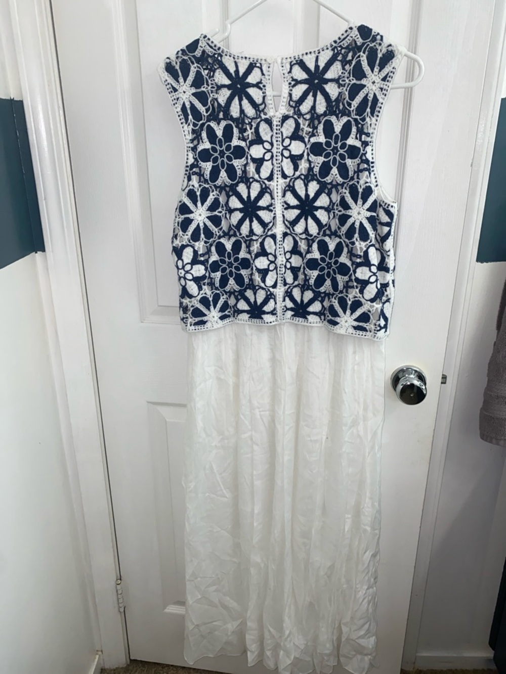 White Maxi Dress with Navy Floral Crochet Bodice - Picture 6 of 7